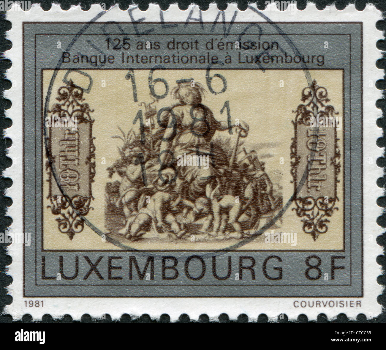 Dédié à l'occasion du 125e anniversaire de la Banque internationale de Luxembourg, a représenté le premier billet, vers 1981 Banque D'Images