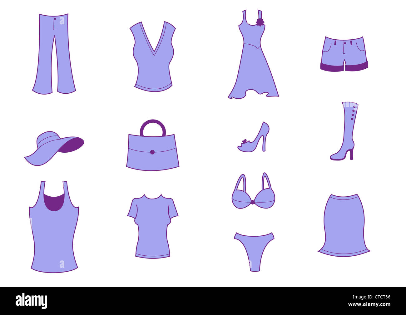 Illustration vecteur Ensemble de vêtements et accessoires de mode femme Icons Banque D'Images