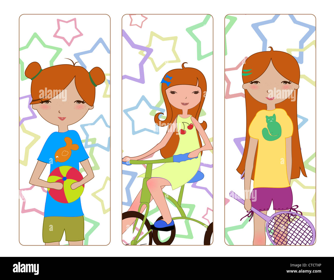 Vector Illustration cute little girls au cours de différentes activités d'été - jouer au ballon riding bicycle holding tennis racket Banque D'Images