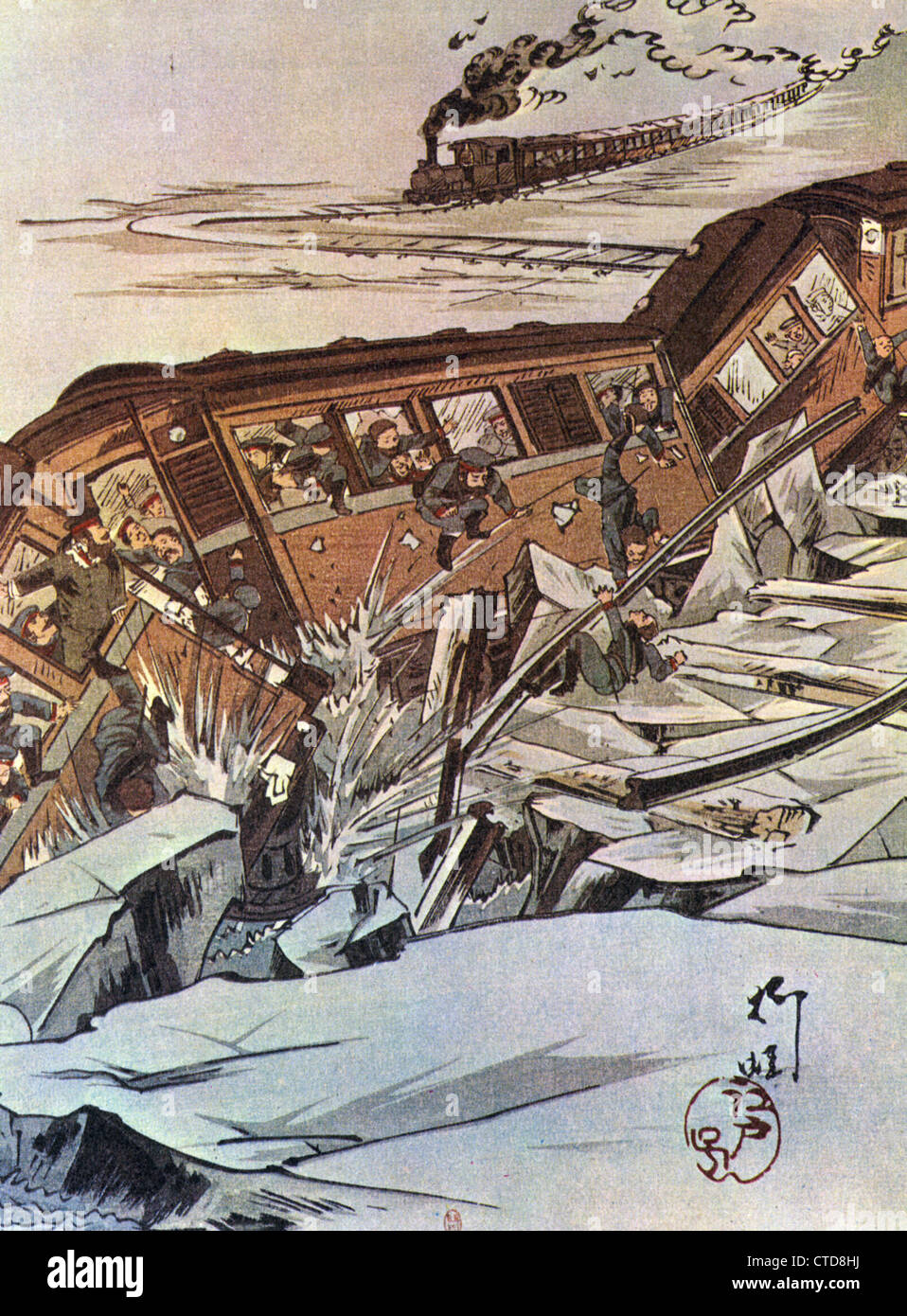 La guerre russo-japonaise 1905-05. Impression japonaise montrant un train soit des troupes russes de-rails Banque D'Images
