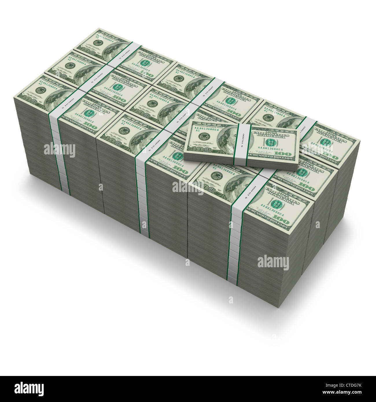 Un million dollar pile de billets américains sur fond blanc Banque D'Images