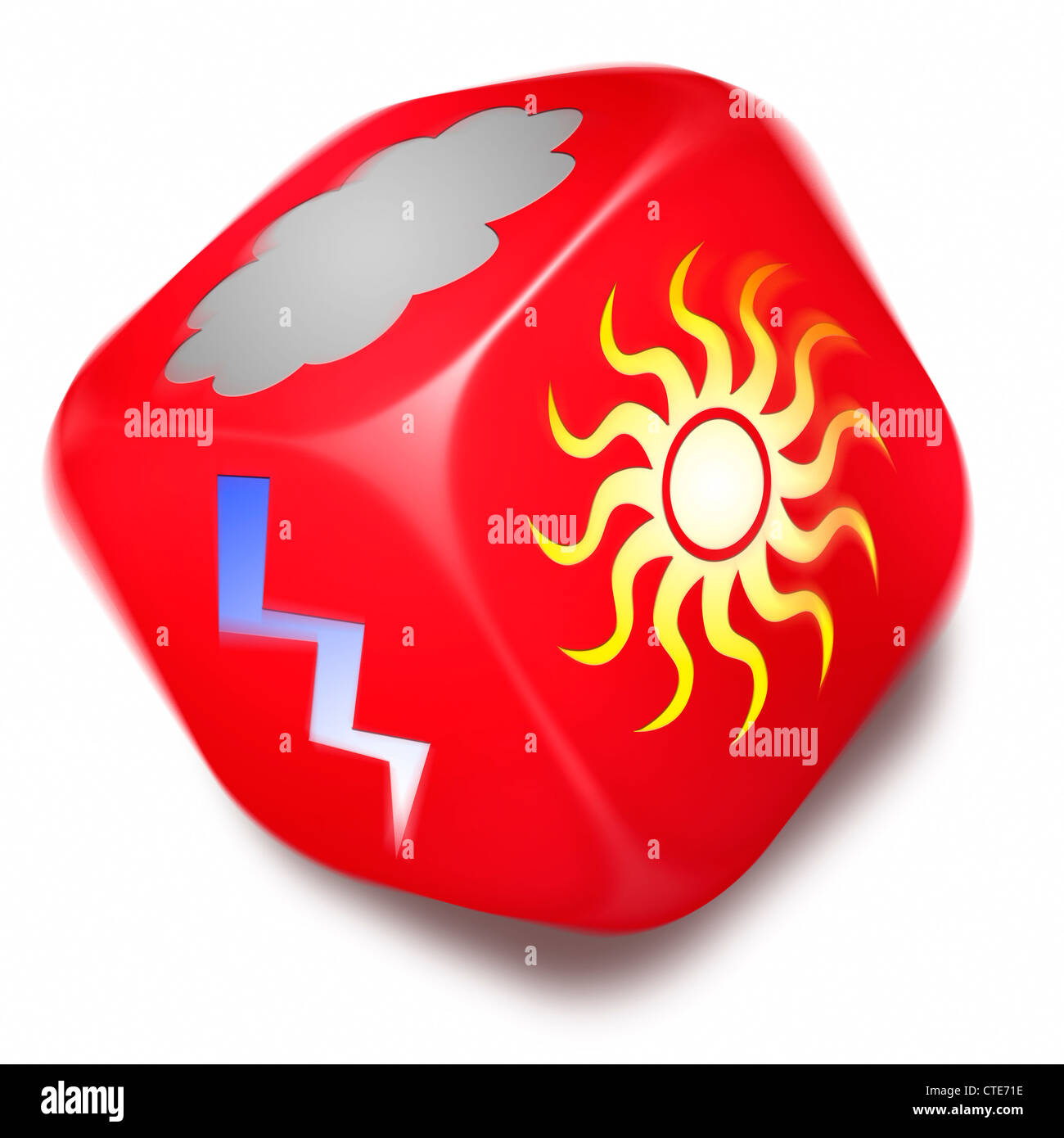 Rolling red dice avec divers symboles du temps imprimé sur chaque côté. soleil, thunder/lightning et cloud. fond blanc, décoration Banque D'Images
