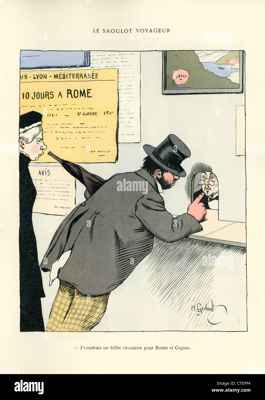 Le Saoulot de Voyageur. Je veux un billet aller-retour pour Rome et Cognac. Par H Gerbault, circa. 1890 Banque D'Images