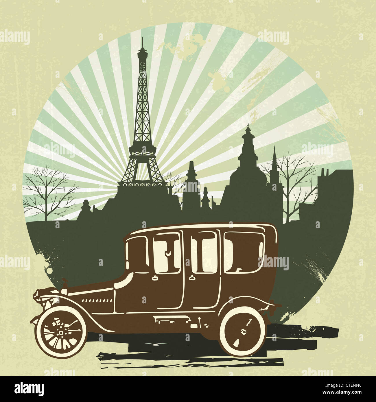 Voiture rétro classique avec Tour Eiffel vintage background Banque D'Images