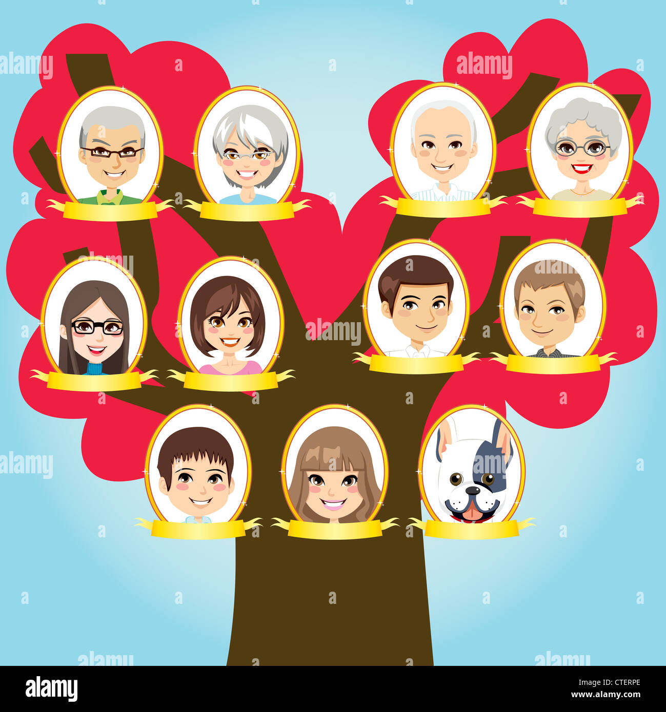 Grande famille trois générations arbre des grands-parents aux petits-enfants et pet Banque D'Images