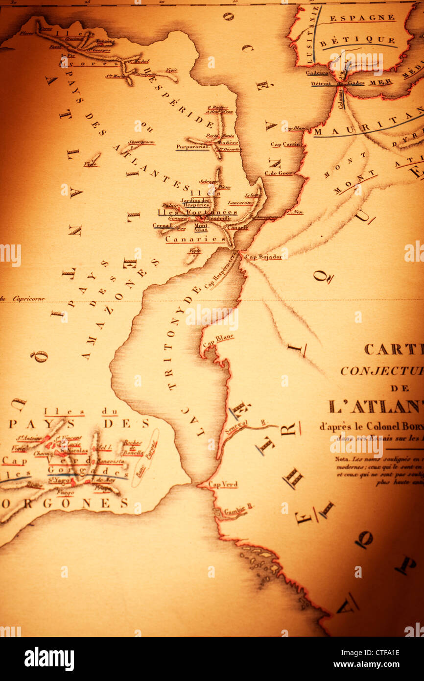 19e siècle conjecturale carte montrant la position possible d'Atlantis avec l'Espagne et l'Afrique de l'Ouest. Banque D'Images