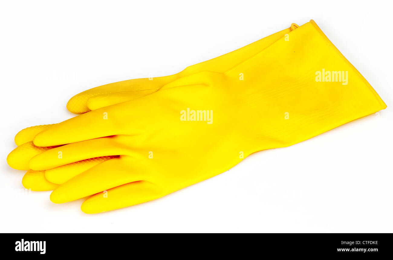 Gants en caoutchouc jaune, fond blanc Banque D'Images