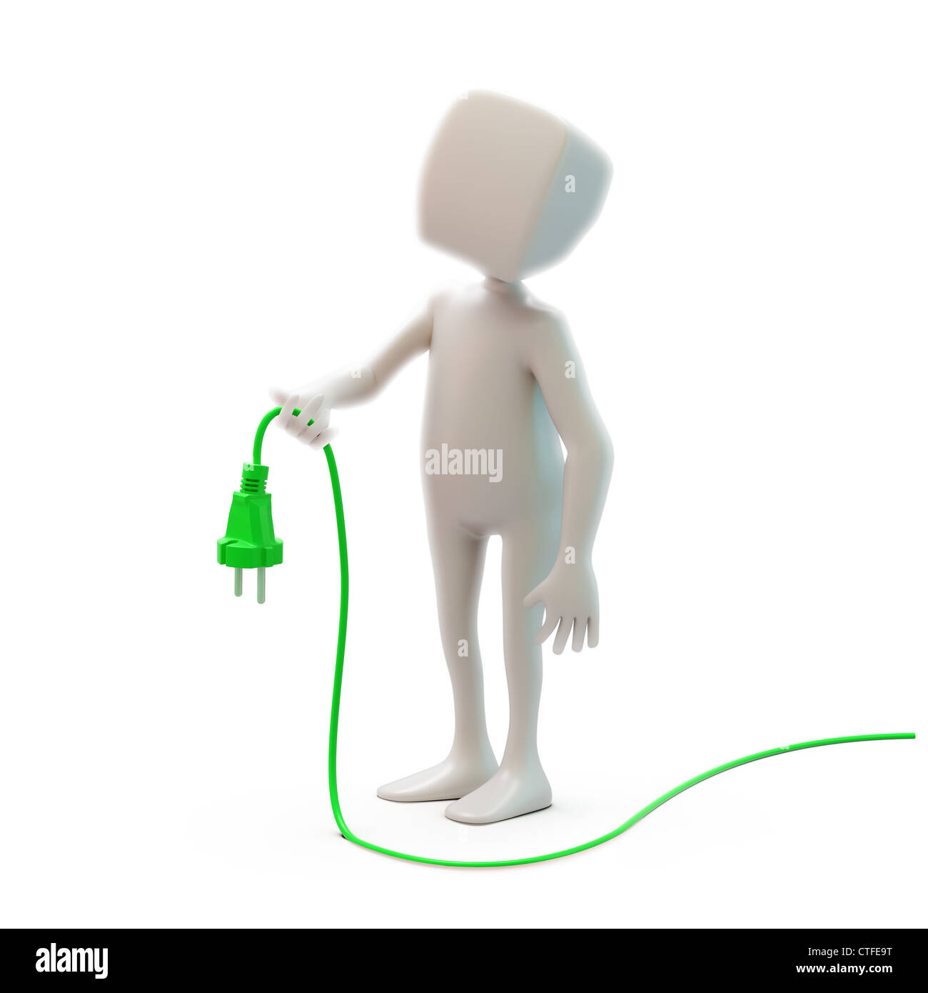 3D personnage tenant un cordon d'alimentation vert Banque D'Images