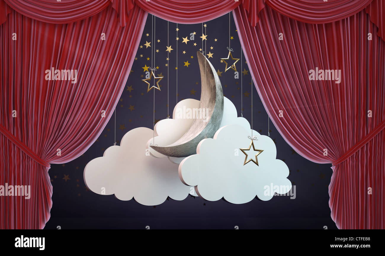 Une lune et nuages mise en scène derrière un rideau de théâtre d'ouverture Banque D'Images