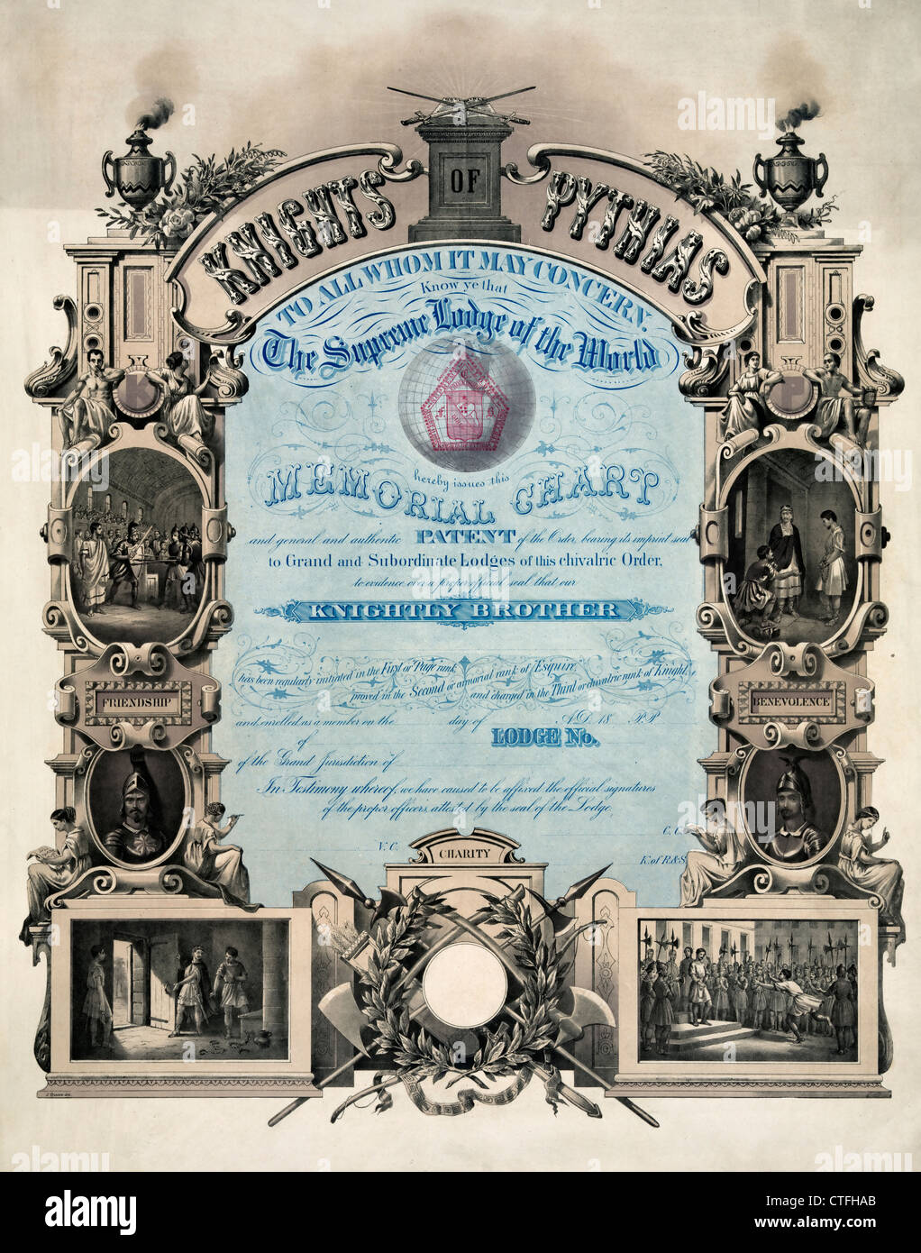 Knights of Pythias, à tous qui de droit. Ne savez-vous que la Cour suprême Lodge du monde questions par ce tableau commémoratif Banque D'Images