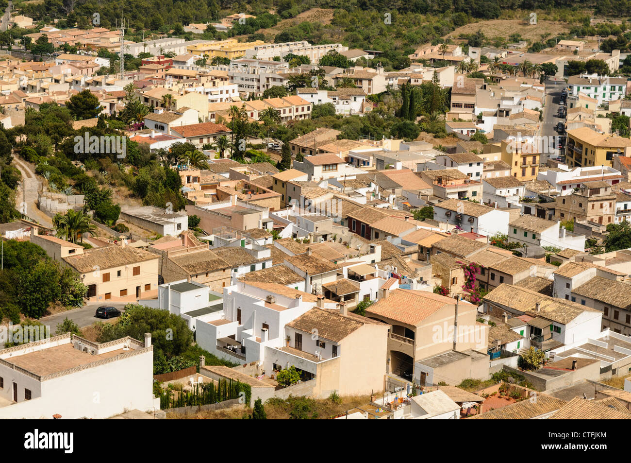 Vue aérienne de Capdapera, une ville typiquement espagnole, Mallorca/Majorca Banque D'Images