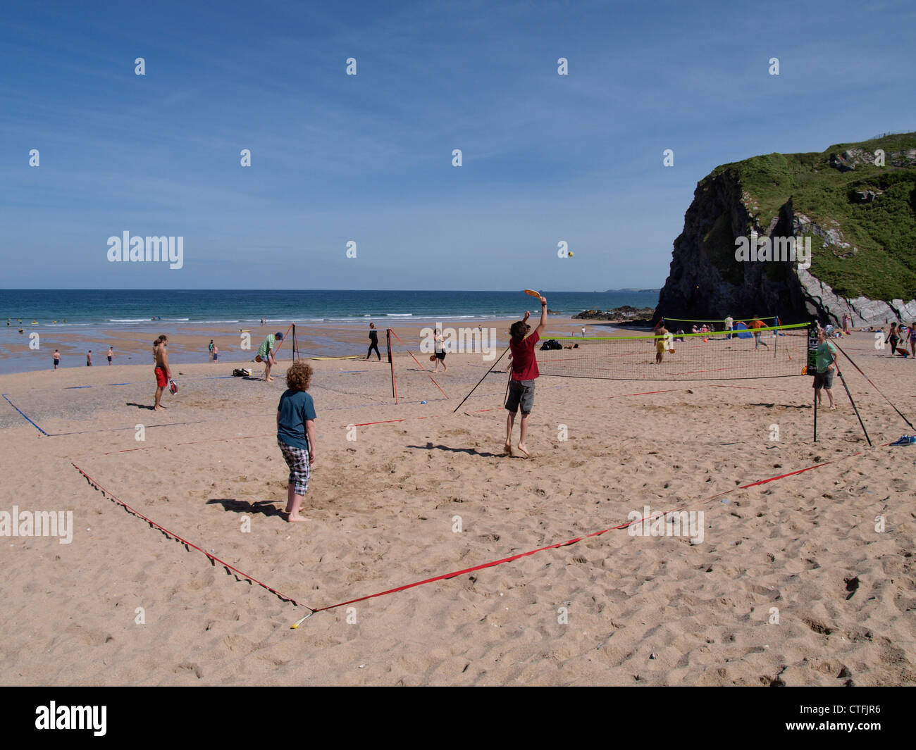Tournoi de Beach Tennis, Tolcarne Beach, Newquay, Cornwall, UK Banque D'Images