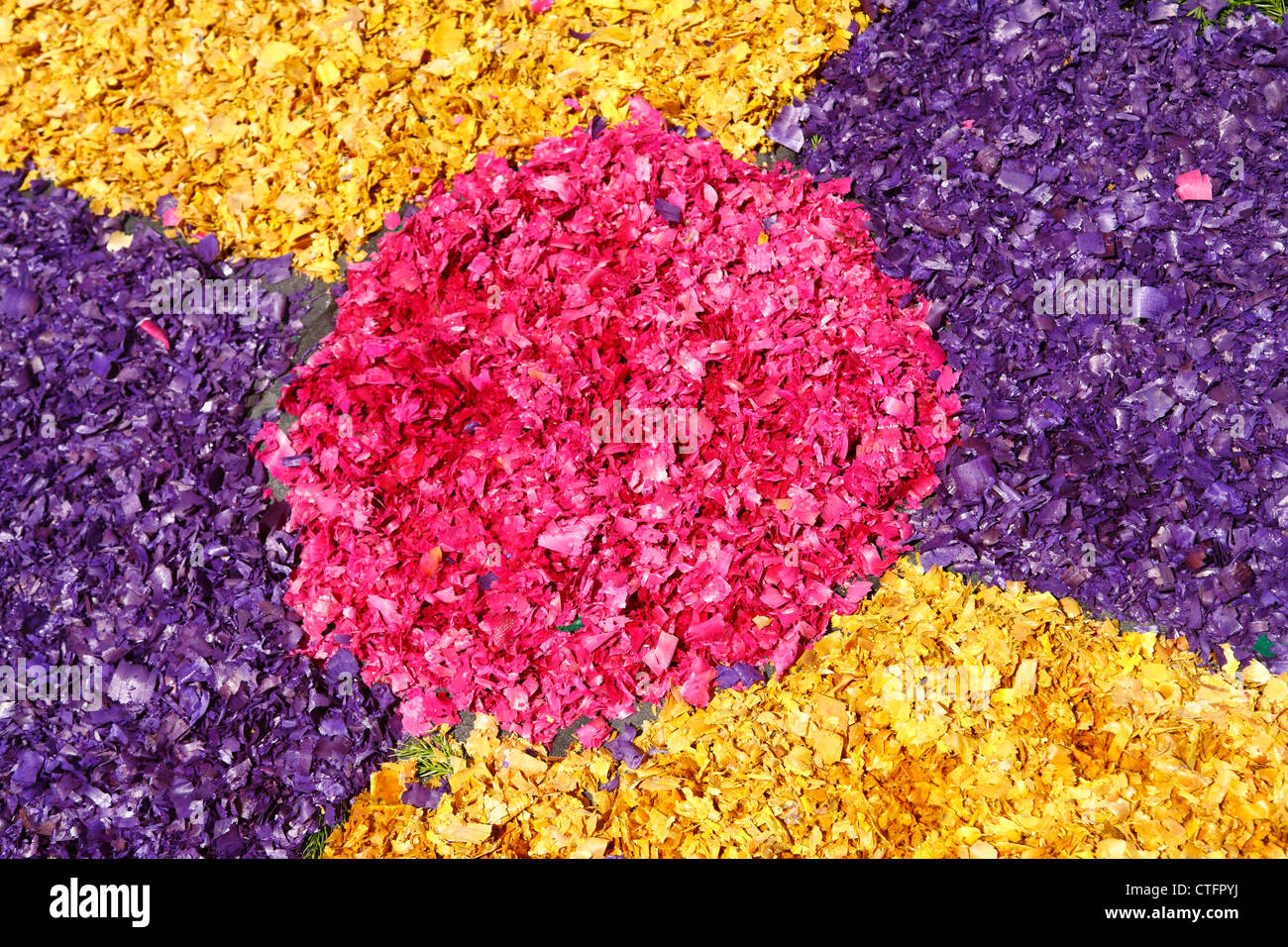 Tapis de Fleurs fabriqués à partir de copeaux de bois colorés artificiellement. Açores, Portugal Banque D'Images