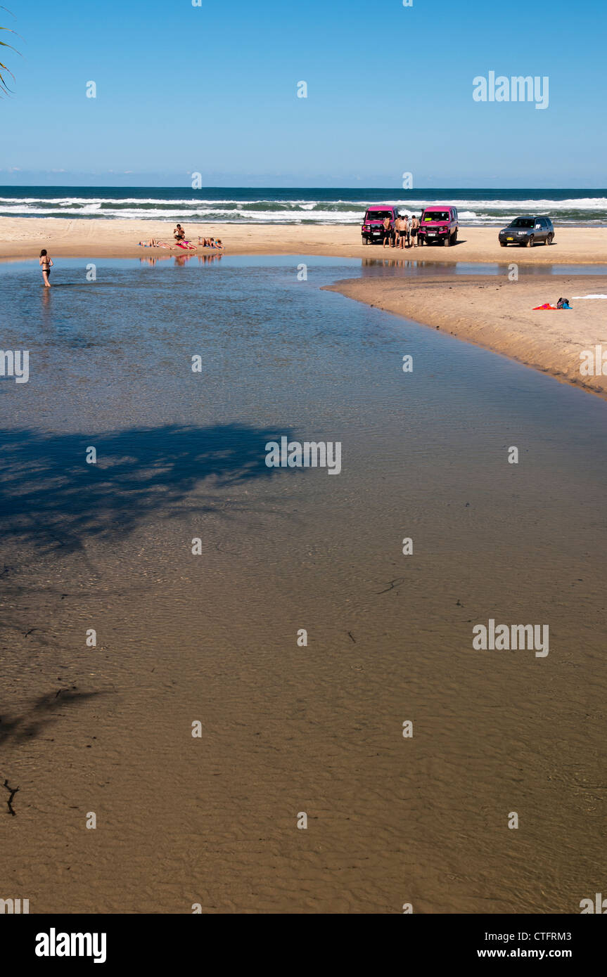 Les gens nager et bronzer où Eli Creek rencontre l'océan, sur soixante-dix cinq Mile Beach. Banque D'Images