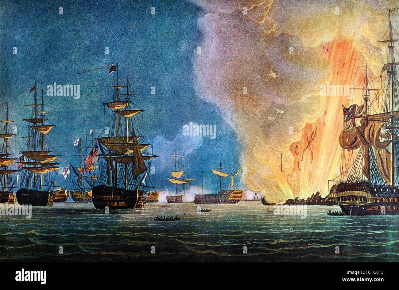 Peinture DE LA BATAILLE DU NIL 1 AOÛT 1798 L'amiral Horatio Nelson défait la flotte française de la baie d'Aboukir Banque D'Images