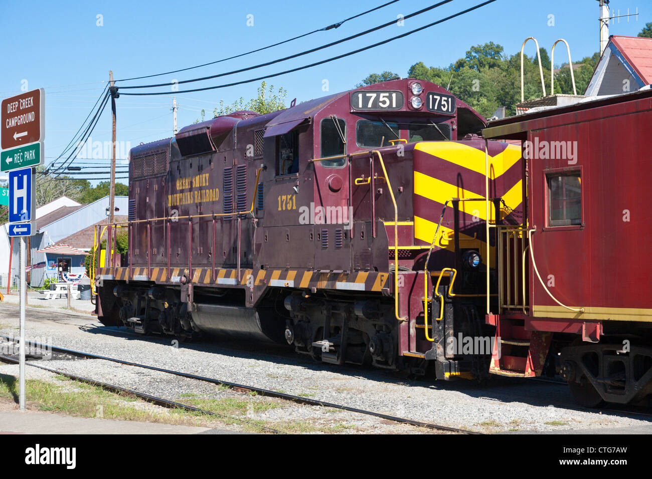 Train Great Smoky Mountain Railway à la gare de Bryson City, Caroline du Nord Banque D'Images