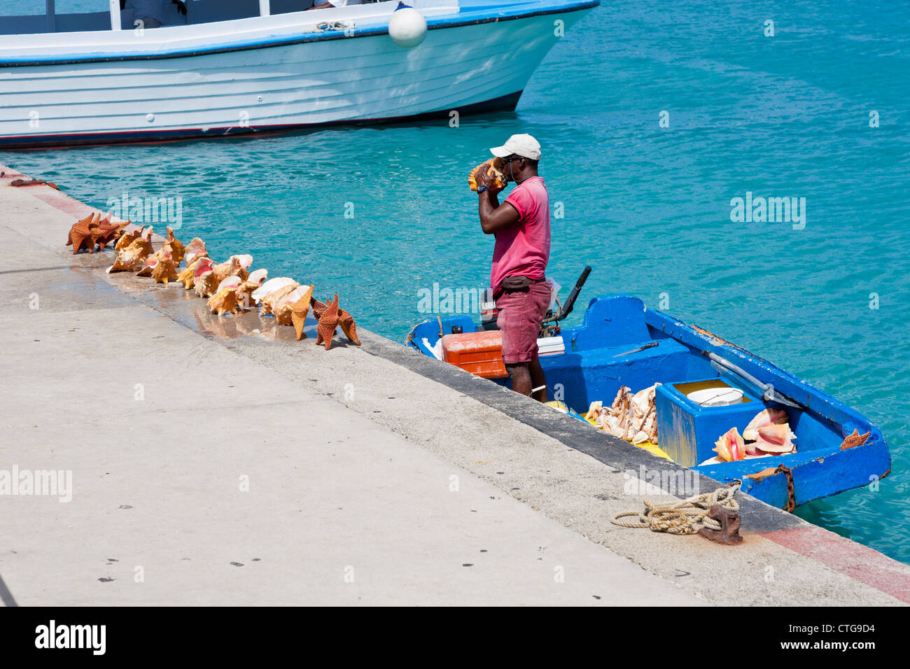 L'homme noir et l'étoile de la vente de coquillages à partir d'un bateau le long du quai à Nassau, Bahamas Banque D'Images
