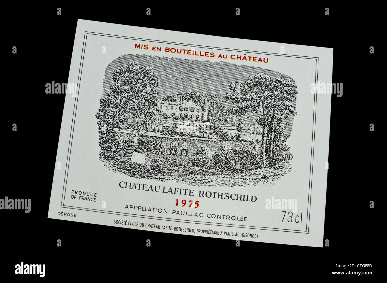 Château Lafite-Rothschild 1975 rare fine de luxe coûteux étiquette bouteille de vin rouge Médoc Pauillac Gironde Bordeaux France Banque D'Images