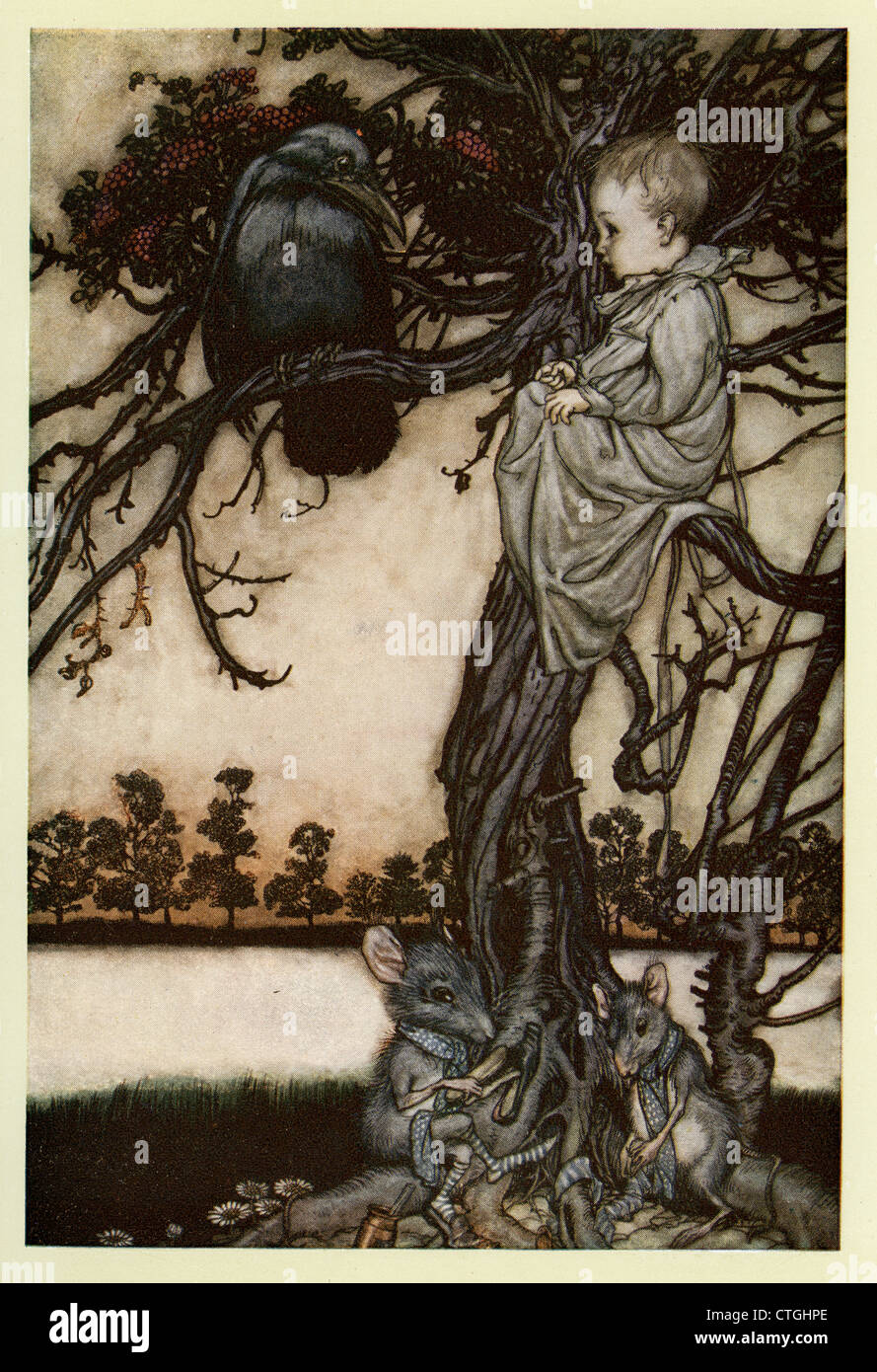 Illustration par Arthur Rackham de Peter Pan dans les jardins de Kensington. Mettre son cas étrange avant ancien Solomon TCA. Banque D'Images