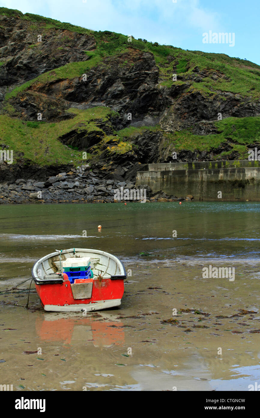 Un bateau à rames à Port Issac Harbour, de Cornwall à marée basse avec les collines en arrière-plan Banque D'Images