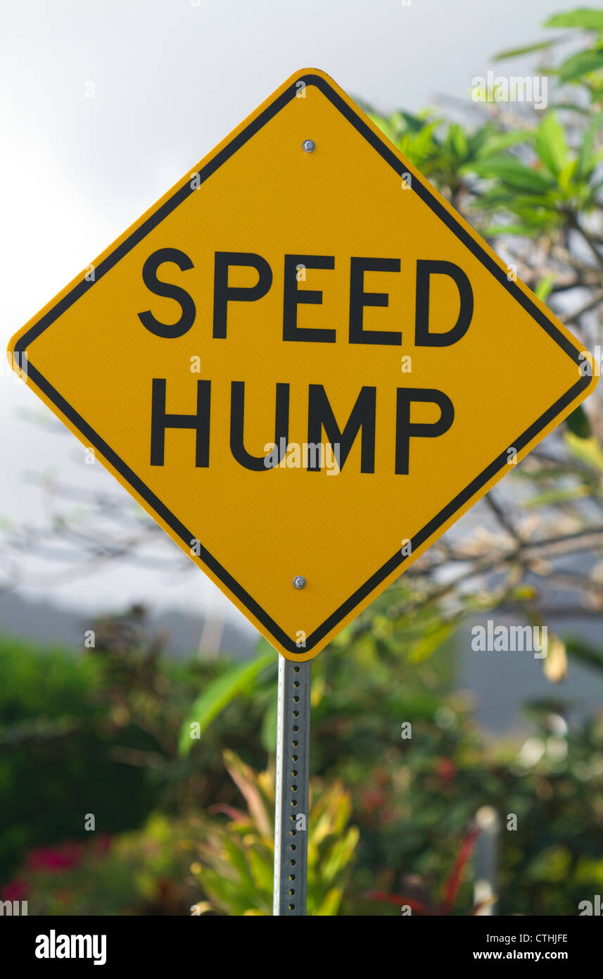 Road sign warning de ralentisseur sur l'île de Kauai, Hawaii, USA. Banque D'Images