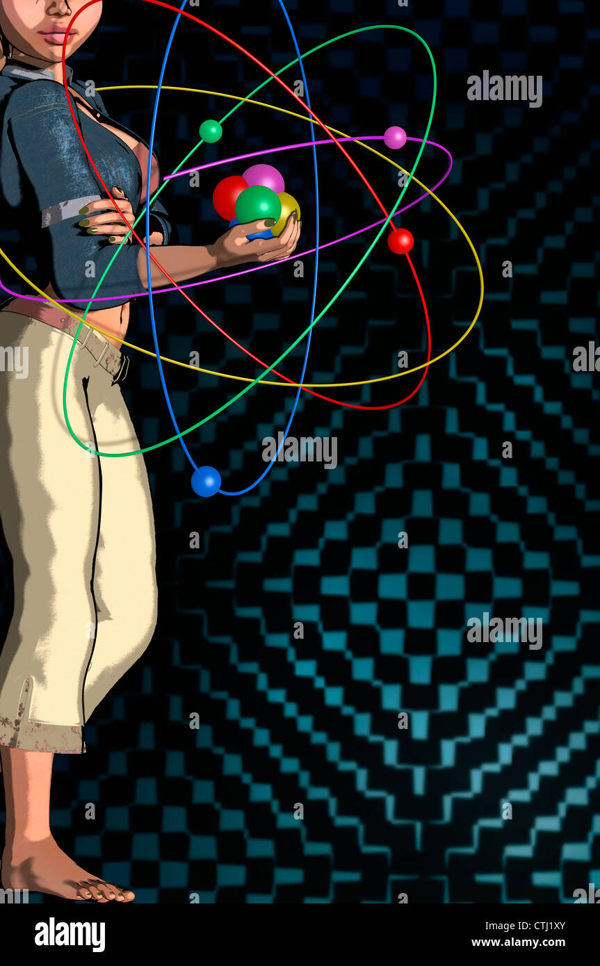 Ordinateur 3D illustration d'une jeune fille jouant avec un atome, digital design avec son noyau et électrons avec spin elliptique sur fond bleu Banque D'Images