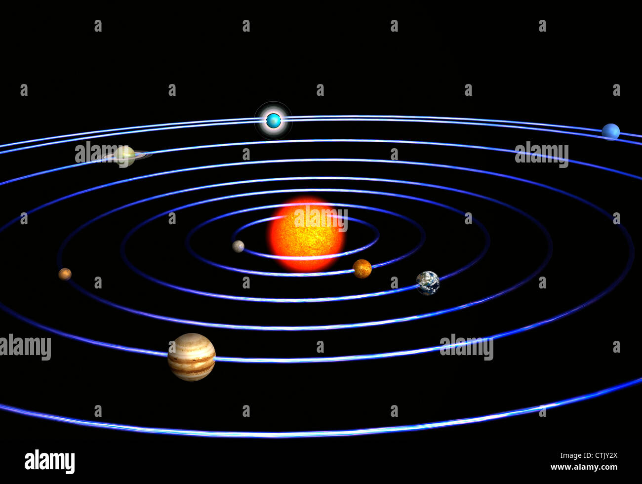 Système solaire avec le soleil au centre et les planètes Mercure, Vénus, la Terre, Mars, Jupiter, Saturne, Uranus, Neptune (symbolique) Banque D'Images