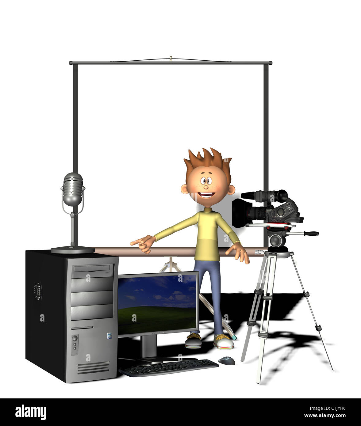 Personnage avec écran d'argent et d'équipement multimédia (ordinateur, Vidéo, Audio) Banque D'Images