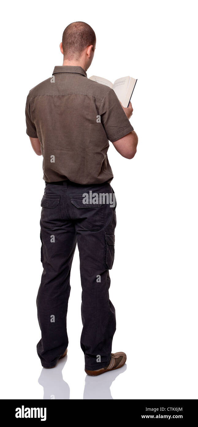 Vue arrière de l'homme avec livre isolated on white Banque D'Images