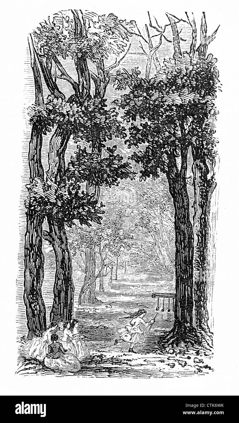 Filles courant avec un bâton et jouant dans le bois, illustration vintage Banque D'Images