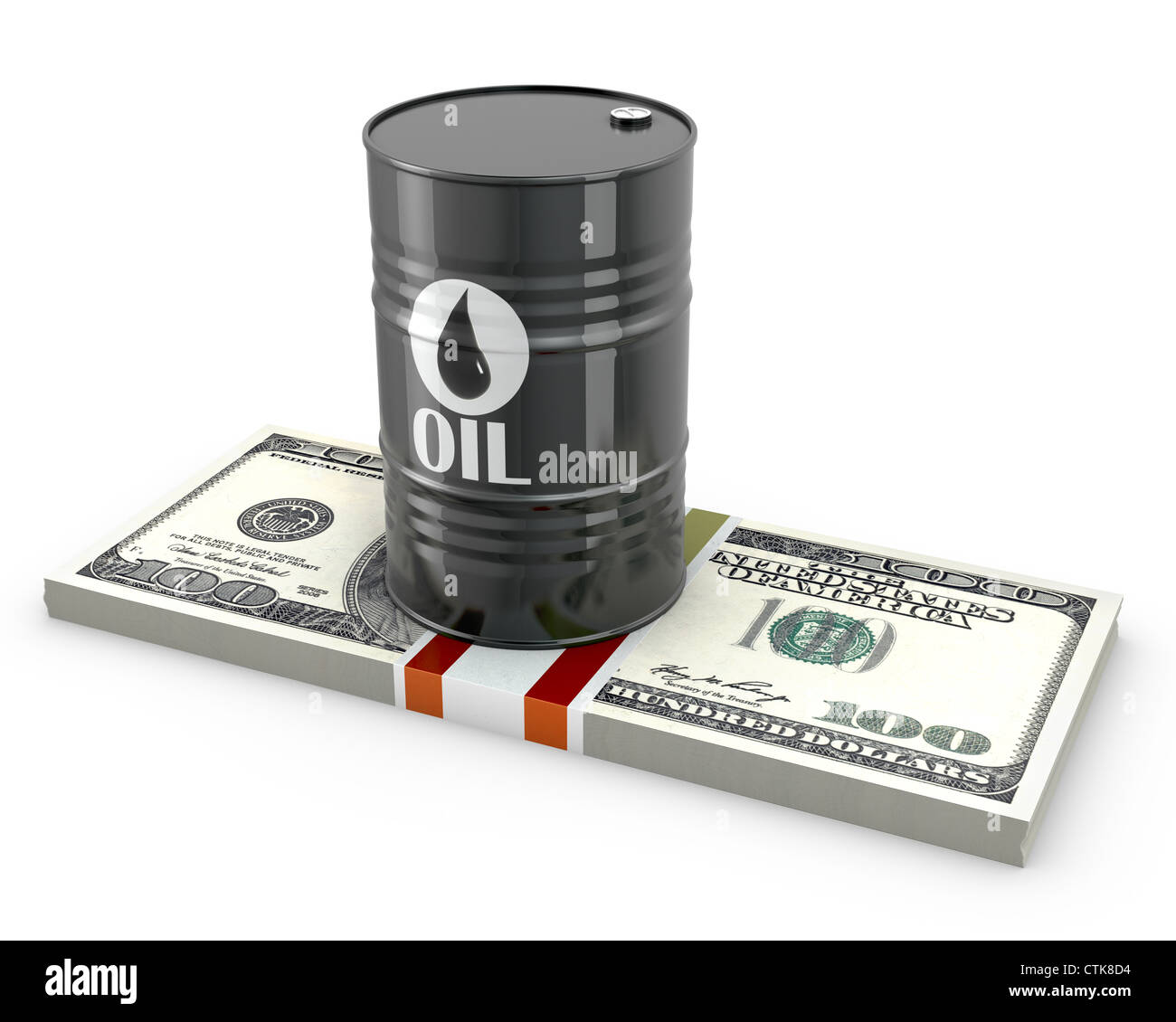 Baril de pétrole sur un paquet de dollars, isolé sur fond blanc Banque D'Images