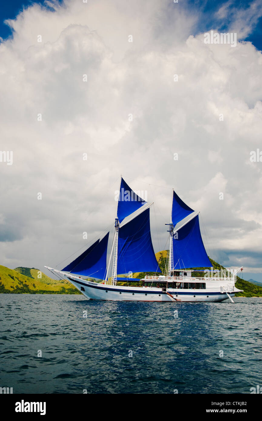 108 un pied en bois traditionnelles Phinisi goélette, le 'Ombak Putih", ici la voile dans le Parc National de Komodo en Indonésie orientale. Banque D'Images