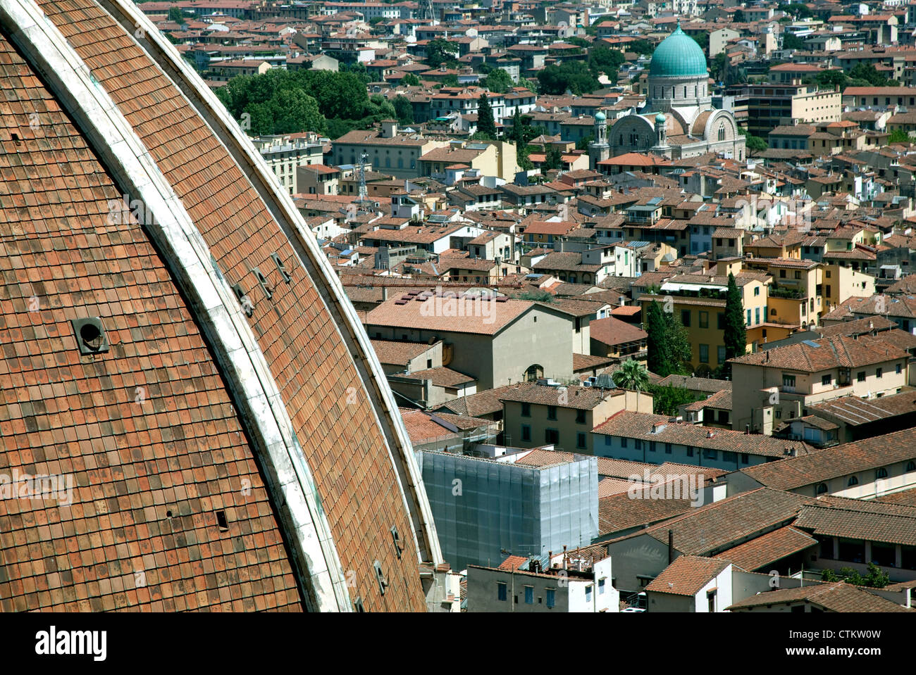 Coupole verte d'une grande synagogue de Florence, Italie avec la partie de gauche sur Duomo Banque D'Images