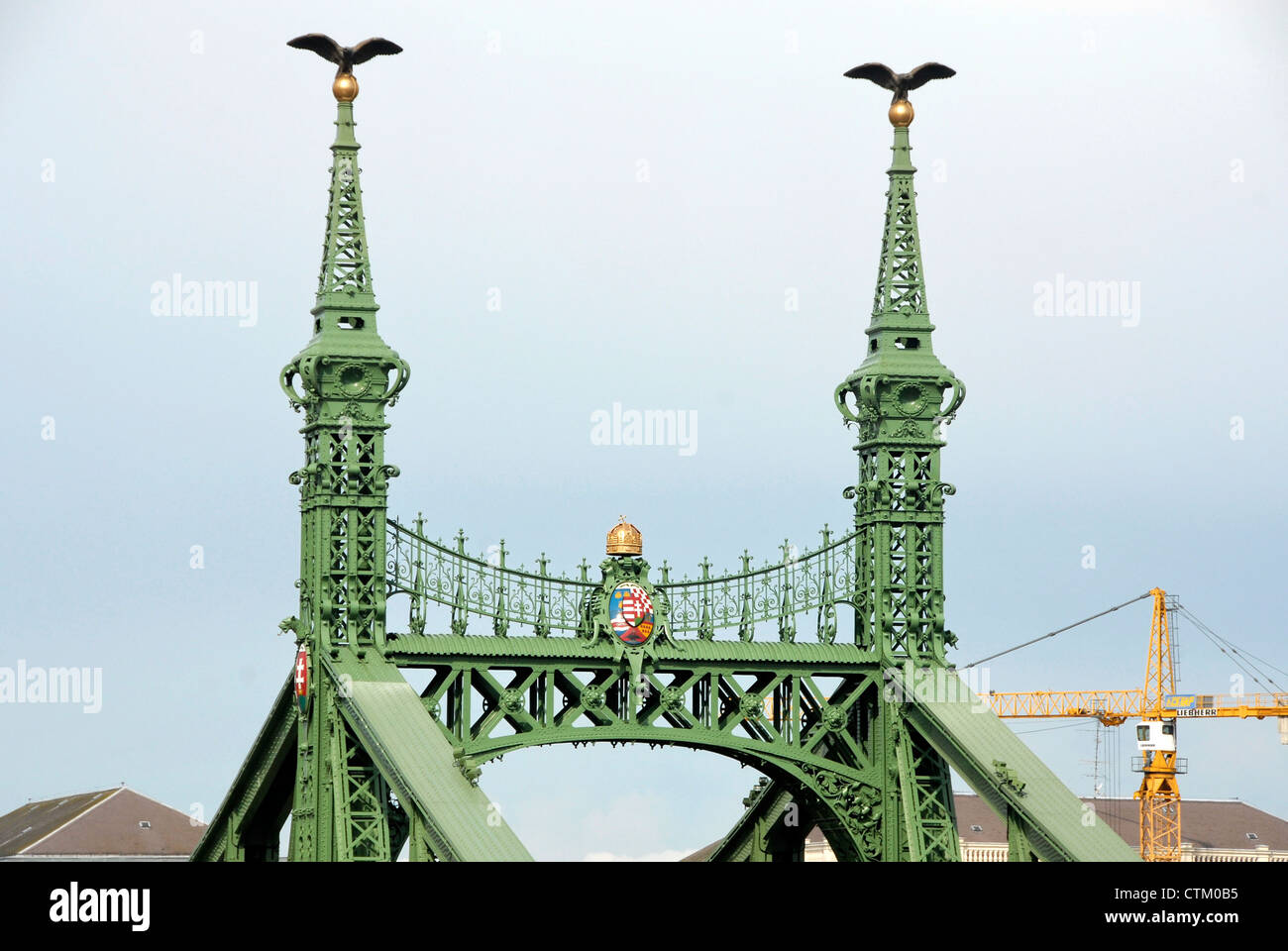 Turul Falcon-comme au-dessus de pont de la liberté, à Budapest, Hongrie Banque D'Images