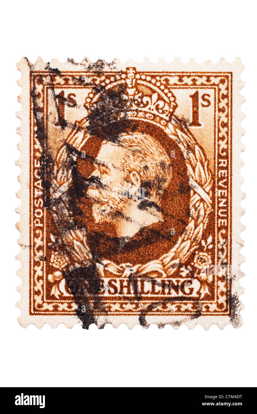 Un roi George V un shilling brown 1s de timbres-poste sur un fond blanc Banque D'Images