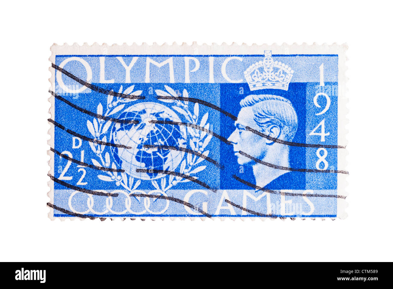 Un roi George VI deux pence et demi bleu 2 1/2d Jeux Olympiques 1948 Timbre-poste sur un fond blanc Banque D'Images
