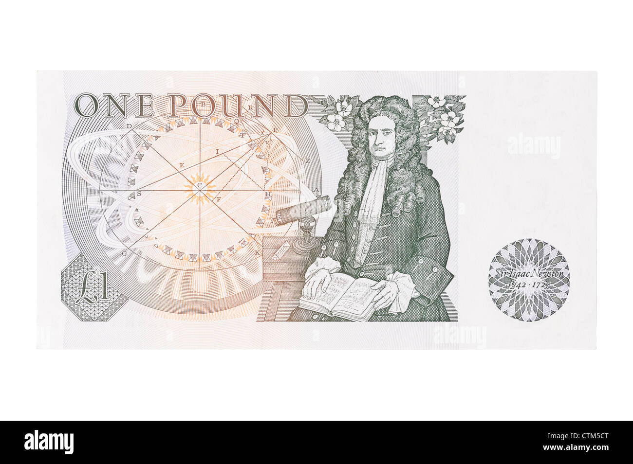 Une livre d'un £1 billet de monnaie anglaise sur fond blanc Banque D'Images