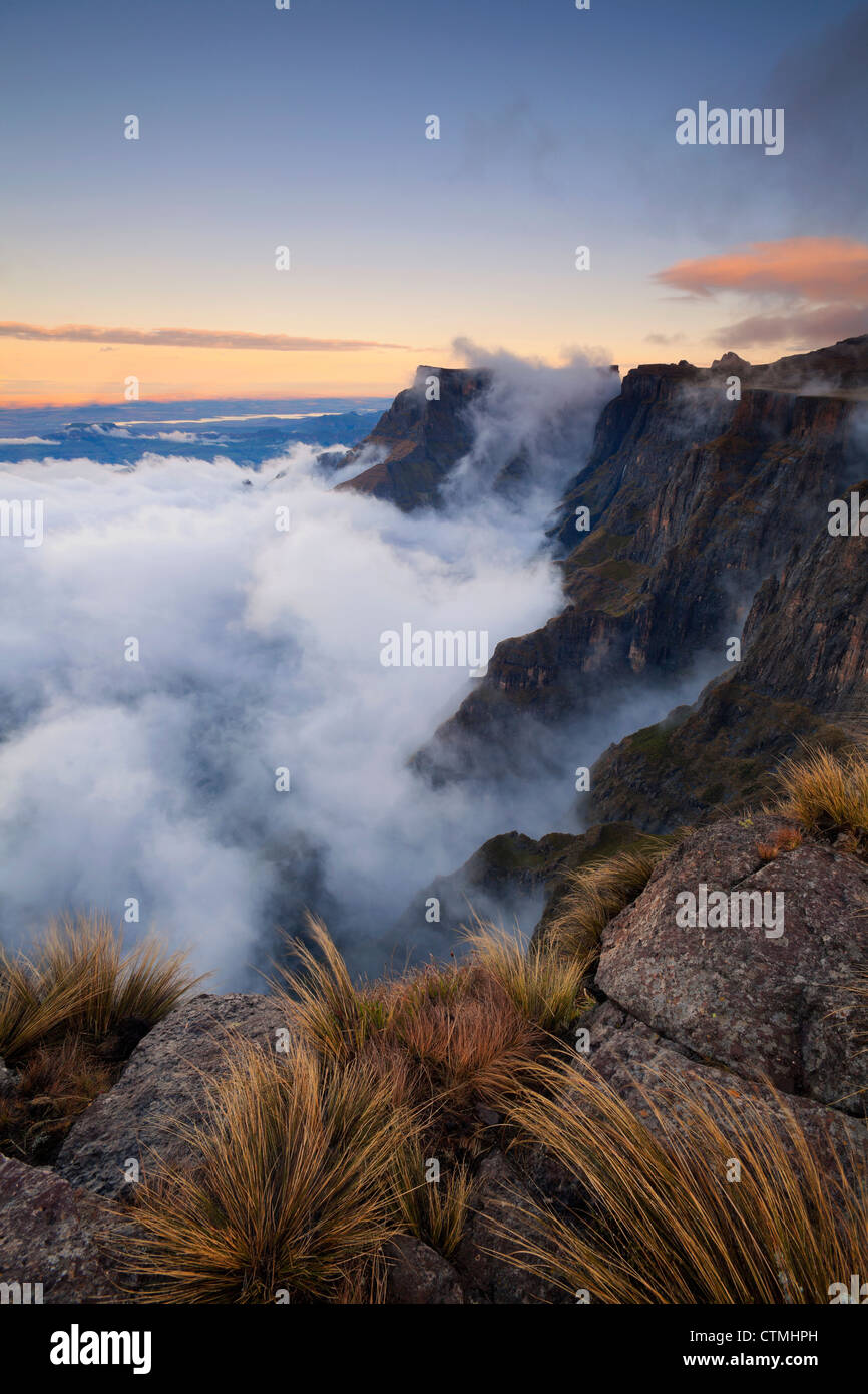 Amphithéâtre avec brouillard au crépuscule, Drakensberg, Afrique du Sud Banque D'Images