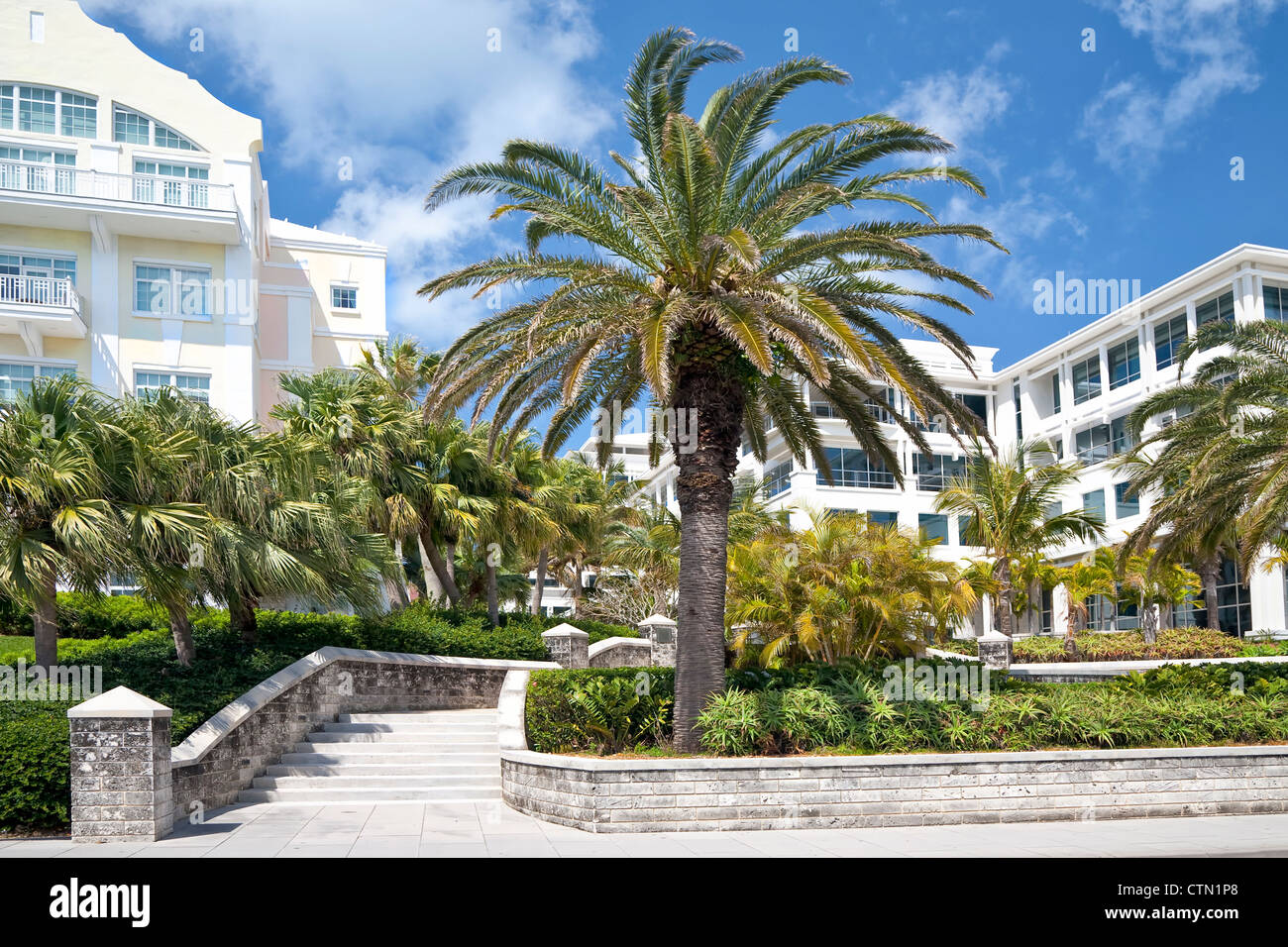 Condos joliment aménagé et immeubles de bureaux du centre-ville de Hamilton, Bermudes. Banque D'Images