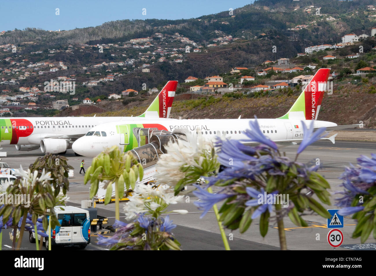 TAP Portugal Airlines avions stationnés à l'aéroport de Funchal à Madère Banque D'Images