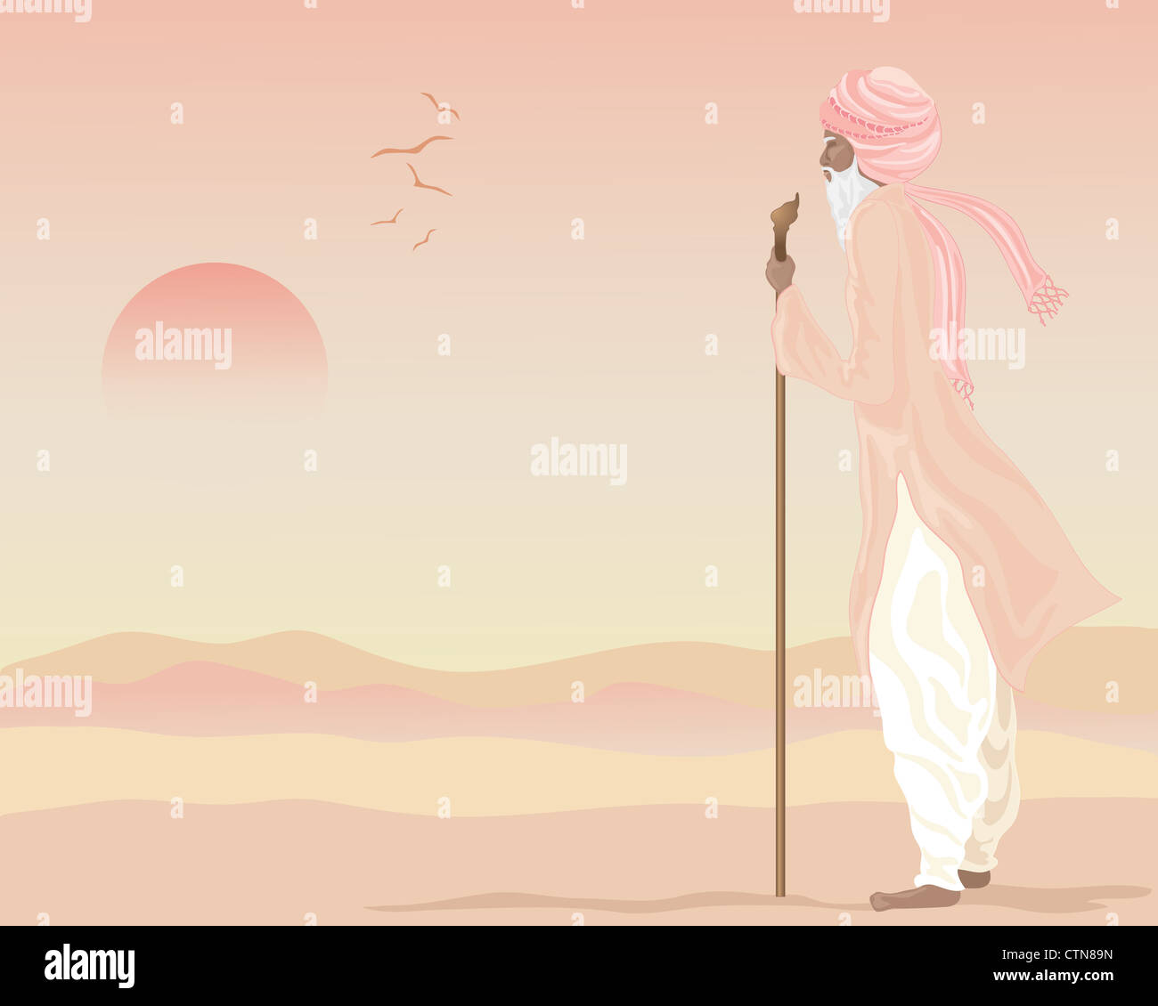 Une illustration d'un agriculteur indien vêtu de vêtements traditionnels et turban sur un paysage aride tenant un bâton au coucher du soleil Banque D'Images