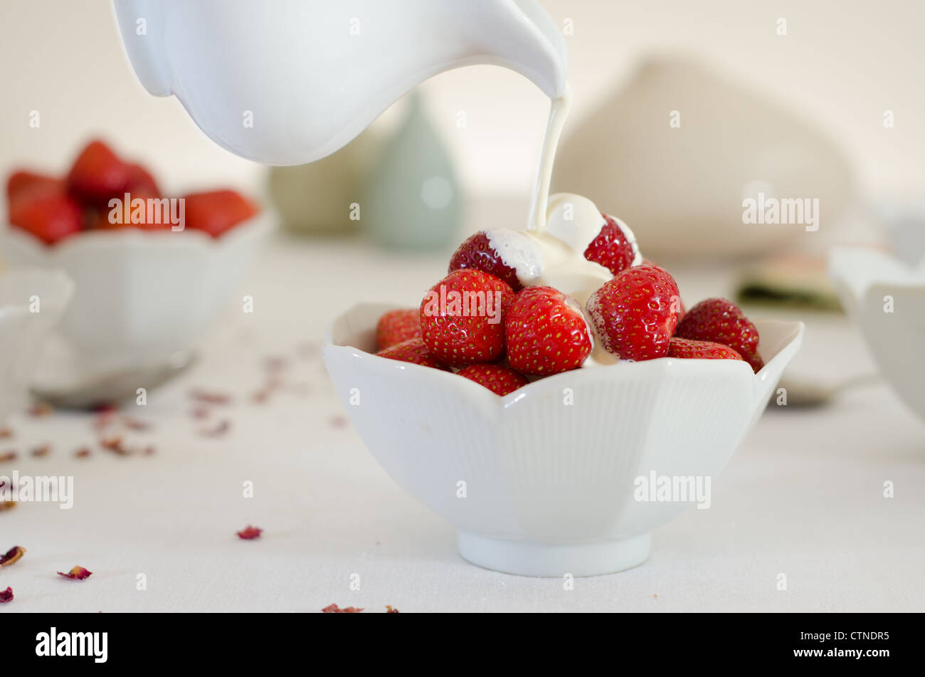 Les fraises dans un bol blanc avec de la crème fraîche est versé sur eux d'une cruche dans une table lumineuse. Banque D'Images