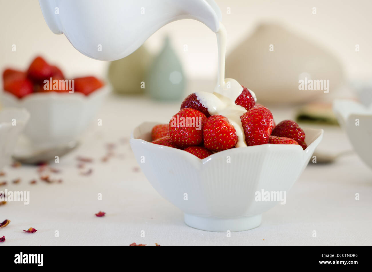 Les fraises dans un bol blanc avec de la crème fraîche est versé sur eux d'une cruche dans une table lumineuse. Banque D'Images