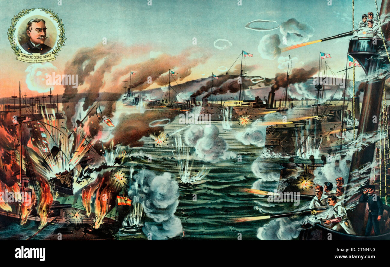 La victoire de Dewey - La bataille entre l'américain et l'espagnol l'Asiatique d'escadrons dans la baie de Manille, Philippines, mai 1898 Banque D'Images
