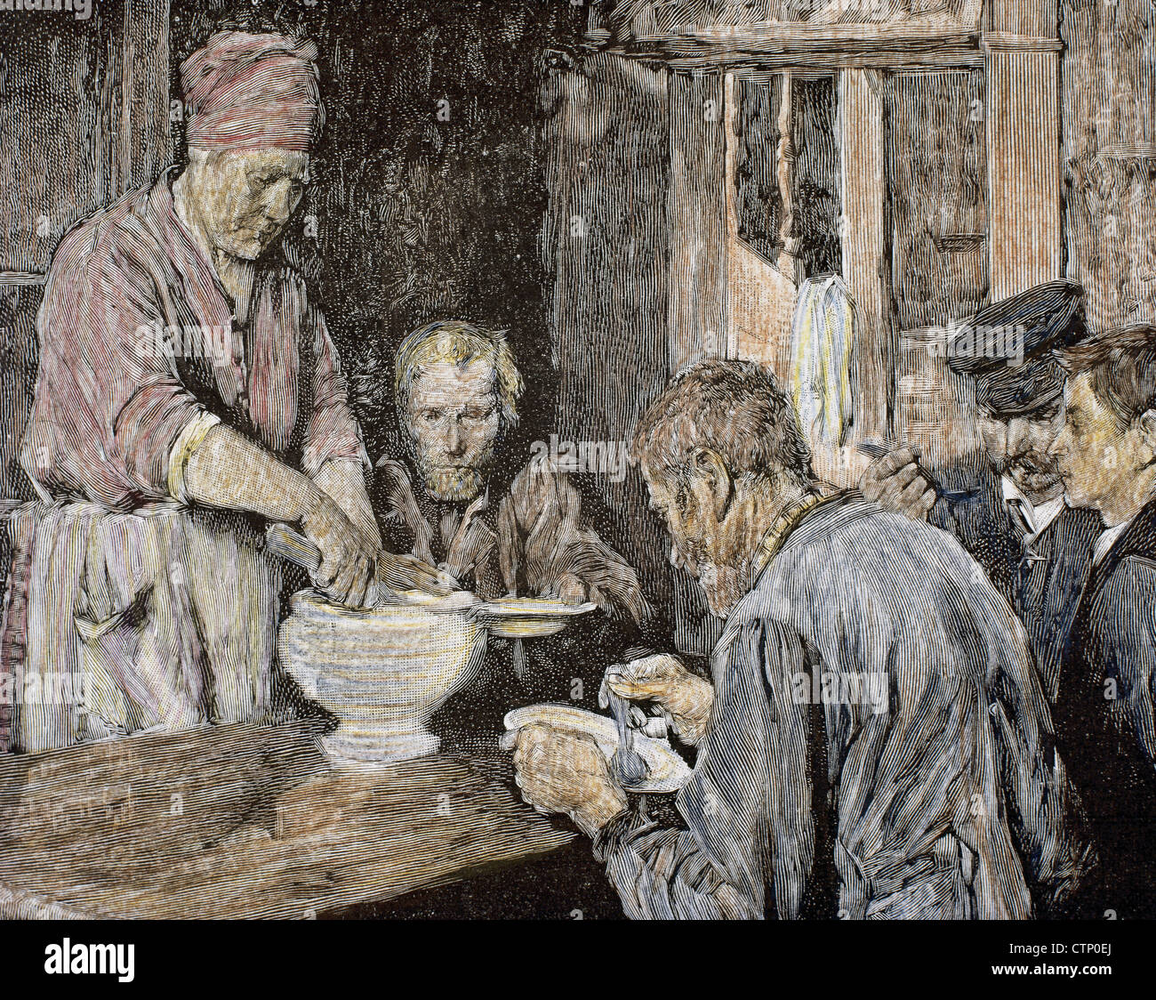 Les travailleurs de la famille à la maison pendant le déjeuner. Gravure en couleur. 19e siècle. Banque D'Images