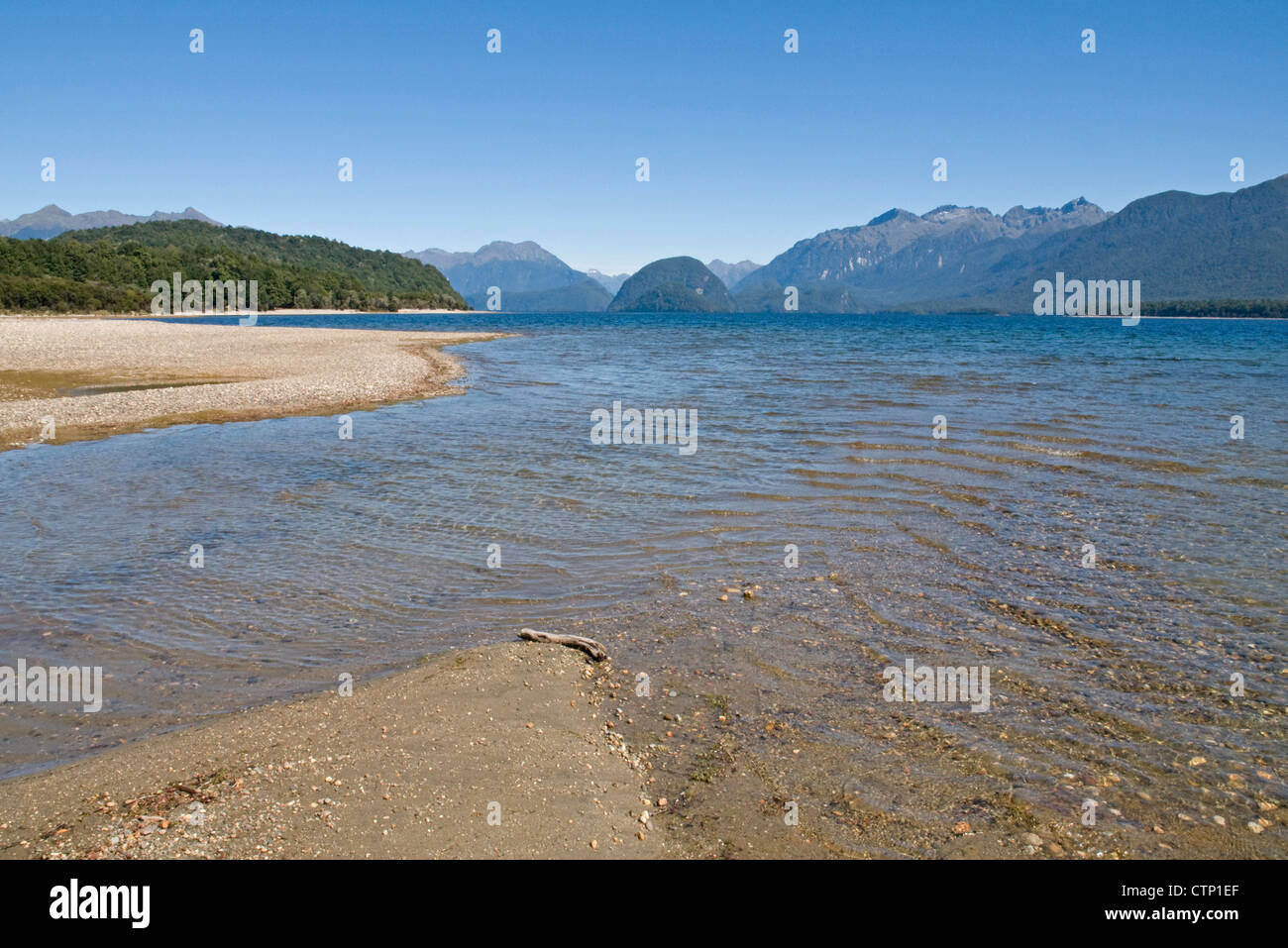 Baie peu profonde à la limite nord-est du lac Manapouri, Nouvelle-Zélande Banque D'Images