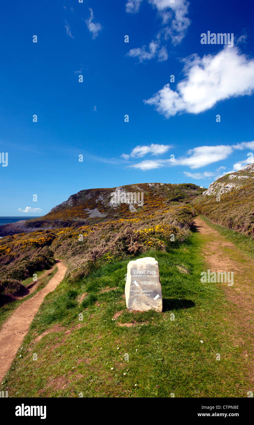 Les panneaux en pierre sur le chemin du littoral du pays de Galles, la péninsule de Gower, Gower, le Pays de Galles. Banque D'Images