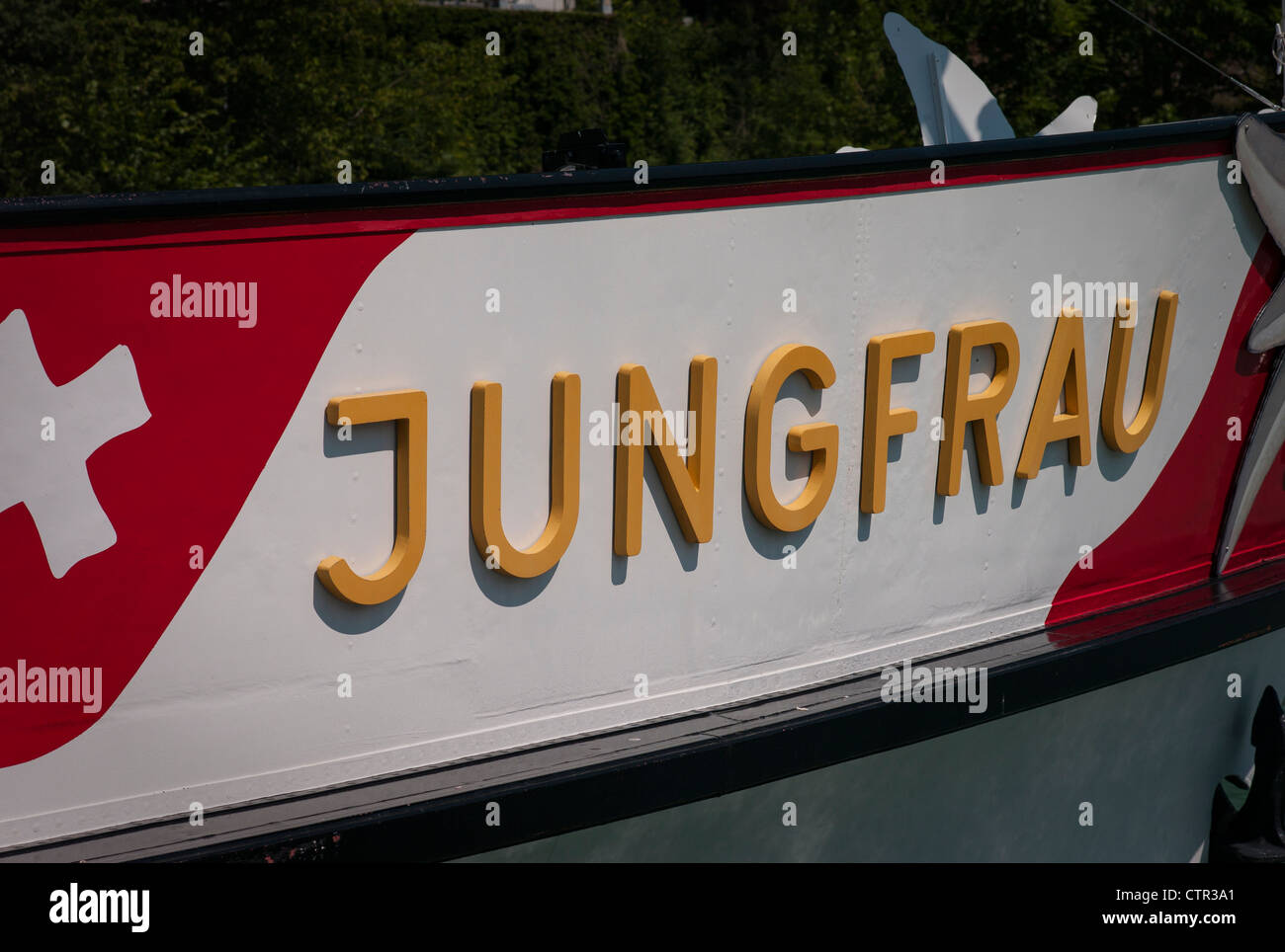 Nom de la Jungfrau la plaque sur le côté du traversier Suisse Banque D'Images