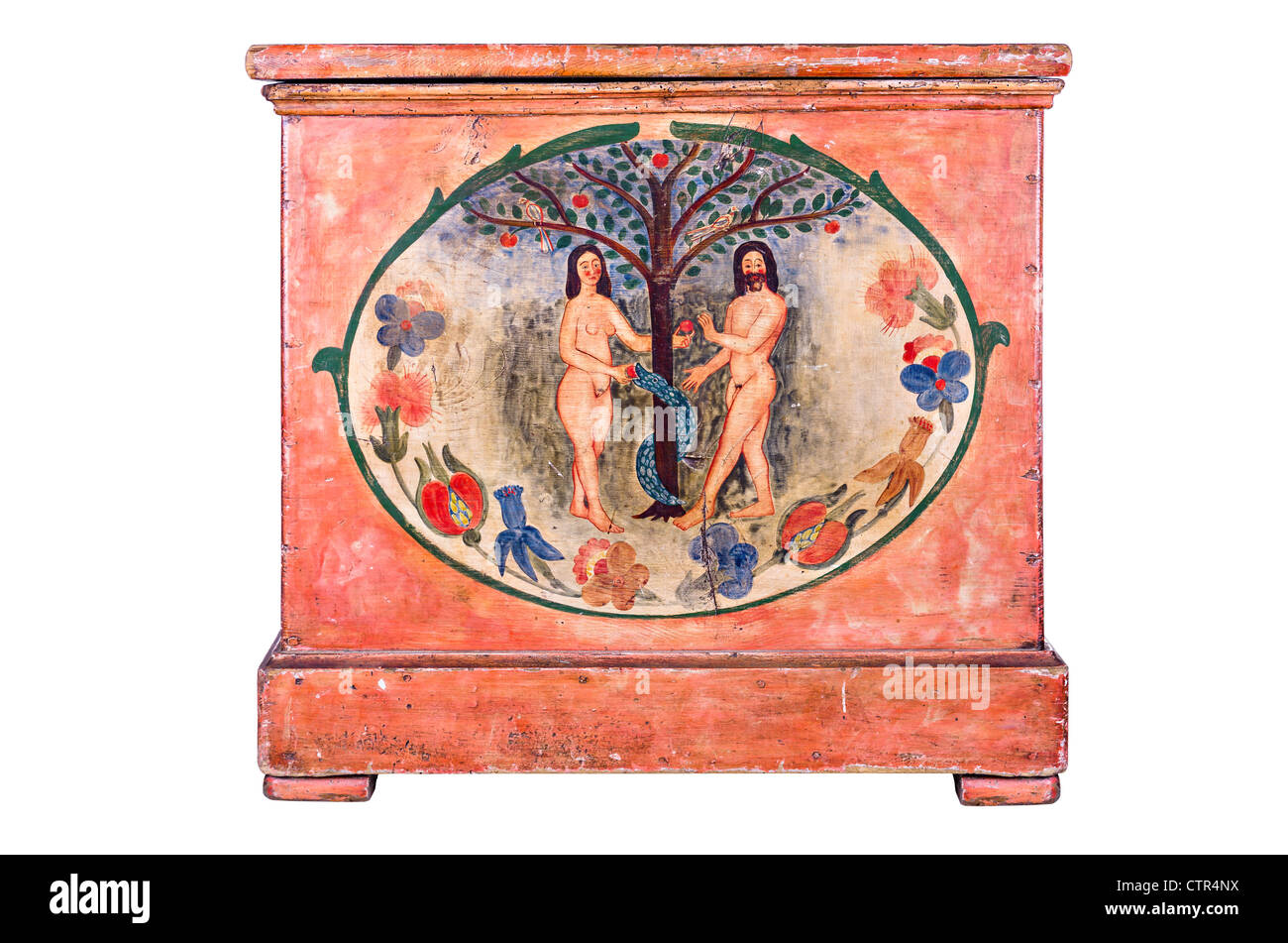 Coffre en bois antique avec Adam et Eve peinture Banque D'Images