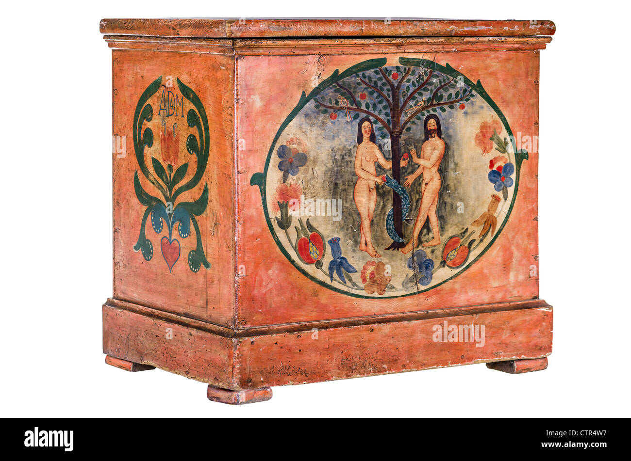 Coffre en bois antique avec Adam et Eve peinture Banque D'Images